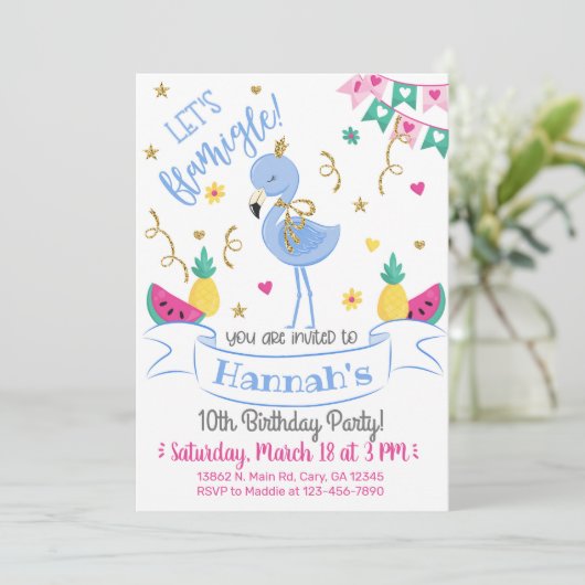 Invitación Blue flamingo, let's flamingle birthday Kaart (Staand voorkant)