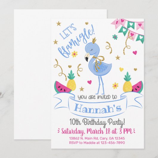 Invitación Blue flamingo, let's flamingle birthday Kaart (Voorkant / Achterkant)