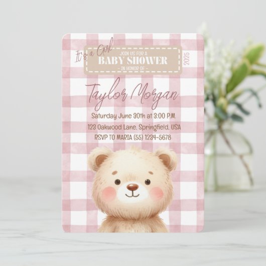 Invitación Blue Gingham Teddy Bear Kaart (Staand voorkant)