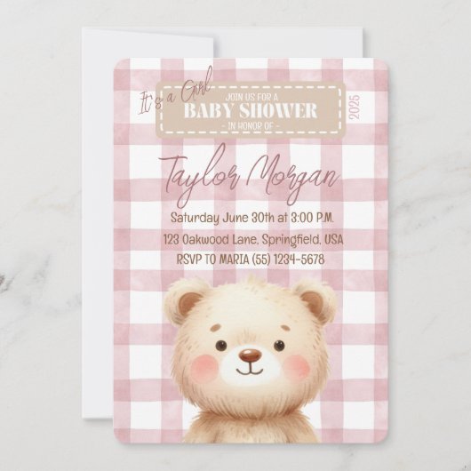 Invitación Blue Gingham Teddy Bear Kaart (Voorkant)