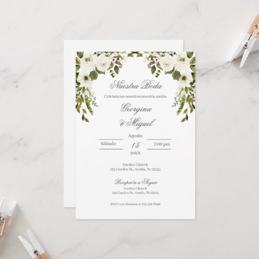 Invitación Boda floral de la vegetación española Kaart (Voorkant / Achterkant in situ)