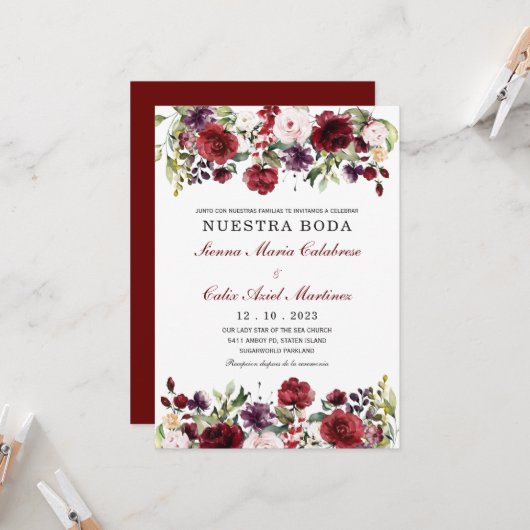 Invitación boda marsala en español kaart (Voorkant / Achterkant in situ)