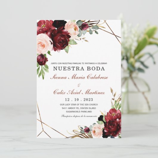 Invitación boda marsala en español-uitnodiging kaart (Staand voorkant)