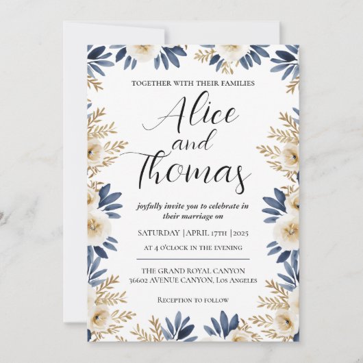 Invitación Boda Primavera Elegante Floral BlueGold Kaart (Voorkant)