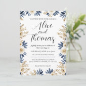 Invitación Boda Primavera Elegante Floral BlueGold Kaart (Staand voorkant)