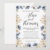 Invitación Boda Primavera Elegante Floral BlueGold Kaart (Voorkant / Achterkant)