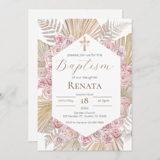 Invitación Boho Baptism Invitation Kaart (Voorkant / Achterkant)