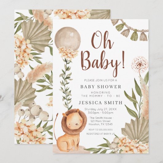 Invitación Boho Lion watercolor oh baby invitation Kaart (Voorkant / Achterkant)