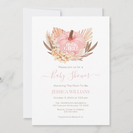 Invitación Boho Pampas Pumpkin pink baby shower Kaart (Voorkant)