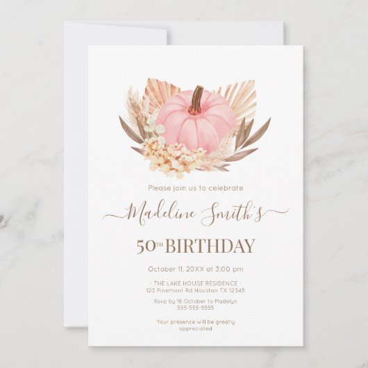 Invitación Boho Pink Pampas Grass Pumpkin Birthday Kaart (Voorkant)