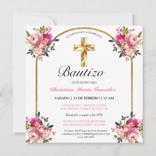 Invitación Bonita del Bautismo de La Cruz del Oro Kaart (Voorkant)