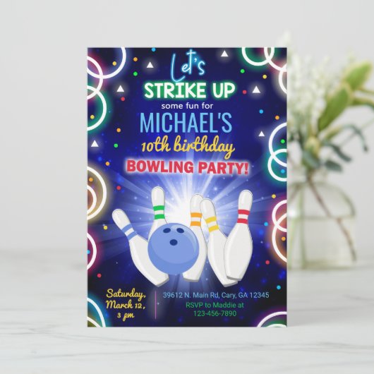 Invitación Bowling, strike up some fun, boy birthd Kaart (Staand voorkant)