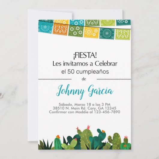 Invitación cactus bunting fiesta voor man, hombre. kaart (Voorkant)