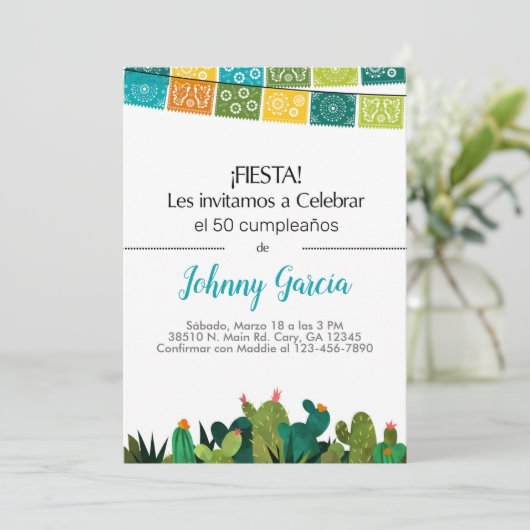 Invitación cactus bunting fiesta voor man, hombre. kaart (Staand voorkant)