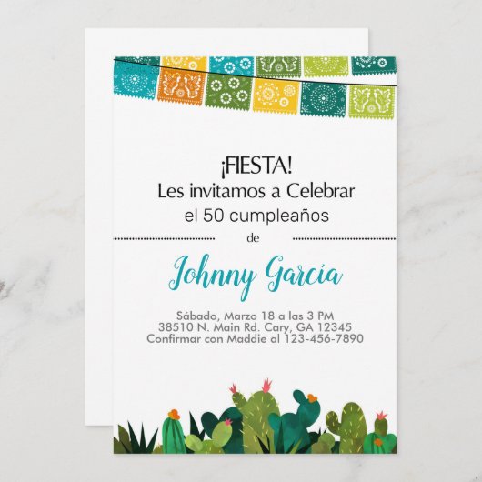 Invitación cactus bunting fiesta voor man, hombre. kaart (Voorkant / Achterkant)