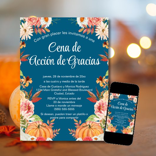 Invitación Cena de Acción de Gracias Azul Calabaza Kaart