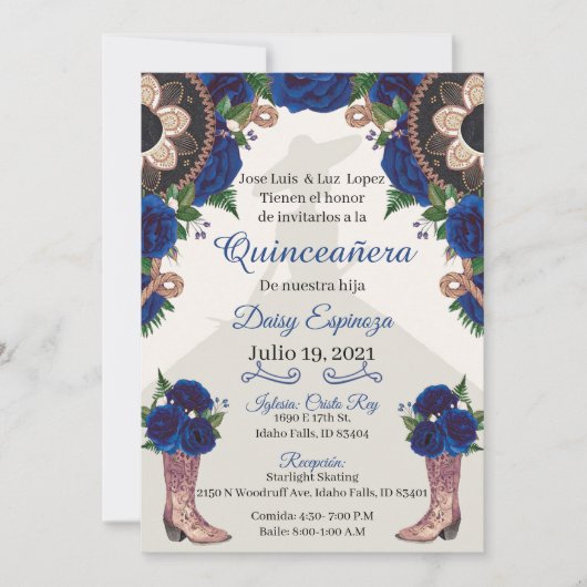 Invitación Charra Quinceanera Invitation, Royal bl Kaart (Voorkant)