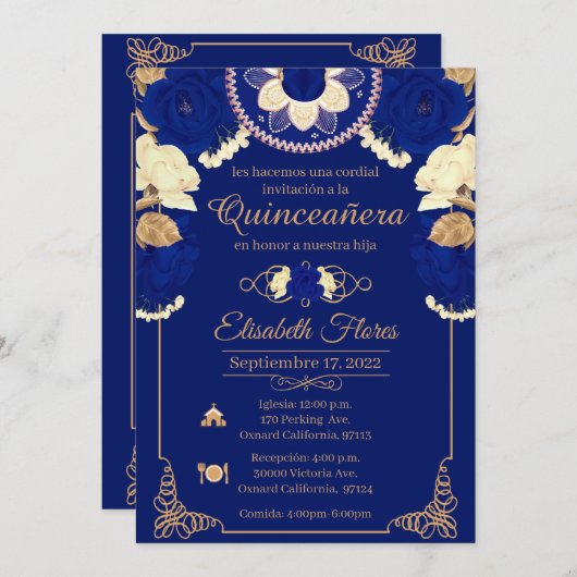 Invitacion Charro Invitation, in blue , and Gold Aankondiging (Voorkant / Achterkant)