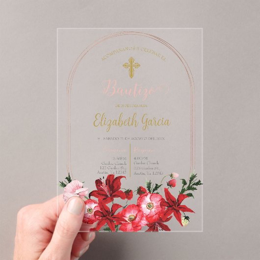 Invitación con flor roja para bautismo acryl uitnodigingen (Insitu (Draagbaar))