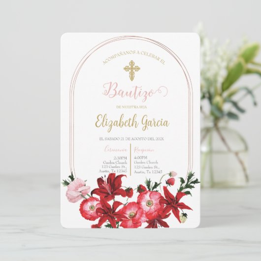 Invitación con flor roja para bautismo kaart (Staand voorkant)