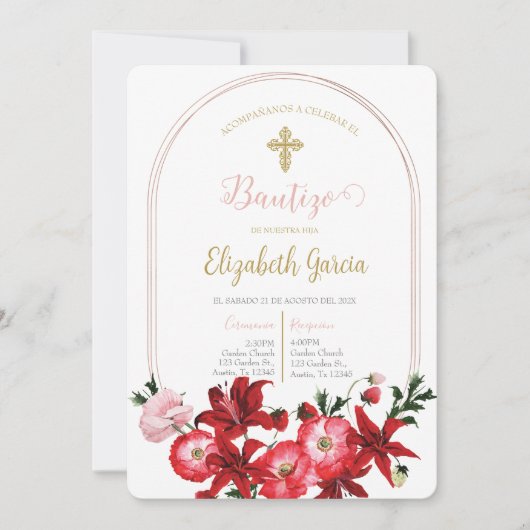 Invitación con flor roja para bautismo kaart (Voorkant)