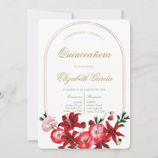 Invitación con flor roja para quinceañera kaart (Voorkant)
