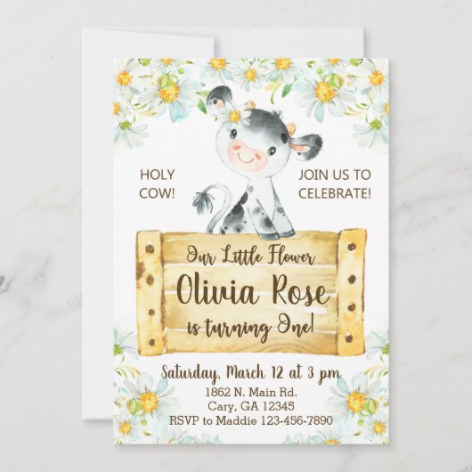 Invitación Cow and daisies girl 1st first birthday Kaart (Voorkant)