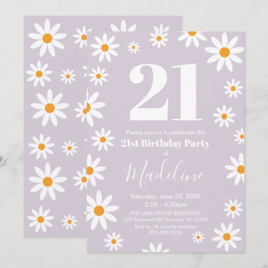 Invitación Daisies lilac Birthday Party Invitation Kaart (Voorkant / Achterkant)