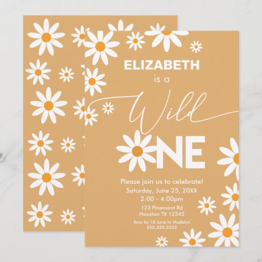 Invitación Daisies Wild One Birthday Party invitat Kaart (Voorkant / Achterkant)