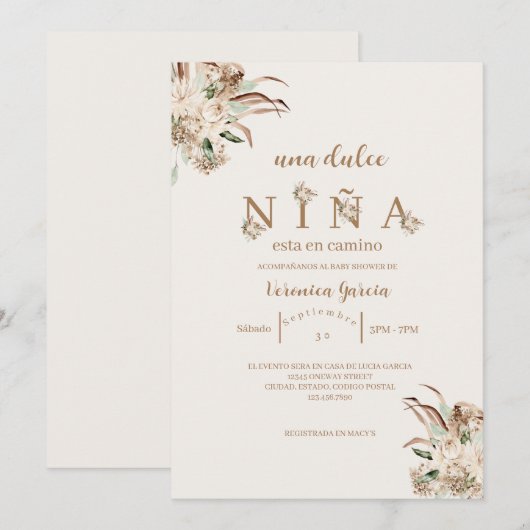 Invitacion de baby shower kleur beige kaart (Voorkant / Achterkant)