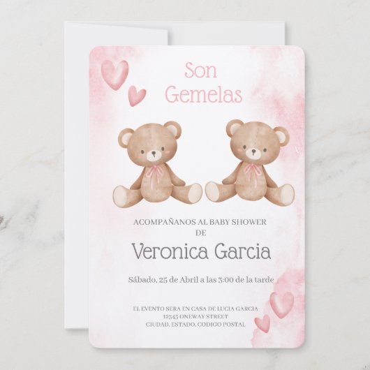 Invitacion de baby shower para gemelas tema osito kaart (Voorkant)