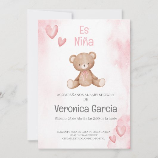 Invitacion de baby shower para niña tema osito kaart (Voorkant)