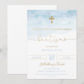 Invitación de bautismo azul y dorada para bebé kaart (Voorkant / Achterkant)