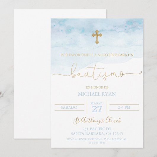 Invitación de bautismo azul y dorada para bebé kaart (Voorkant / Achterkant)