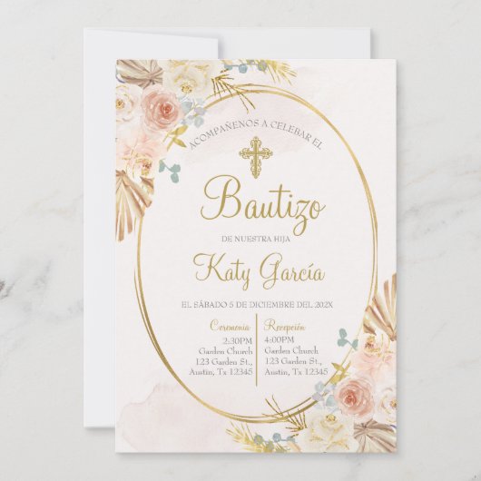 Invitación de bautismo bloemenboho en español kaart (Voorkant)