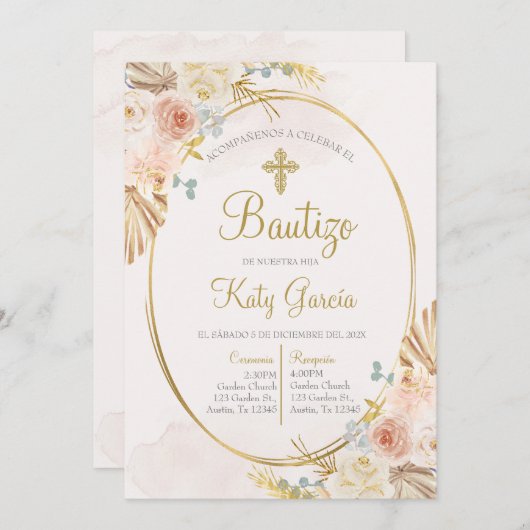 Invitación de bautismo bloemenboho en español kaart (Voorkant / Achterkant)