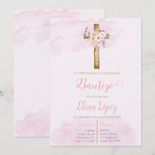 Invitación de bautismo blush roze kaart (Voorkant / Achterkant)