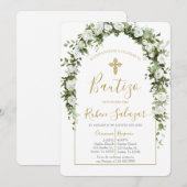 Invitación de bautismo con arco y flores blancas kaart (Voorkant / Achterkant)