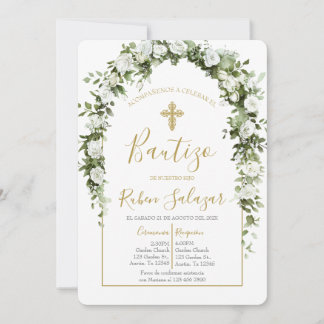 Invitación de bautismo con arco y flores blancas kaart