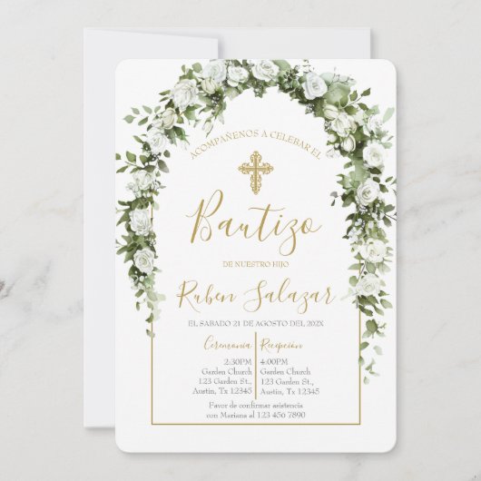 Invitación de bautismo con arco y flores blancas kaart (Voorkant)