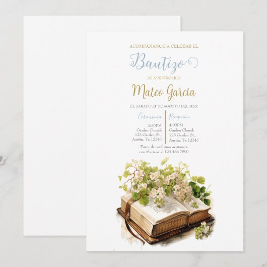 Invitación de bautismo con biblia kaart (Voorkant / Achterkant)