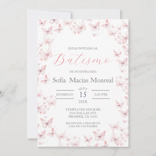 Invitación de bautismo con mariposas para niña kaart (Voorkant)