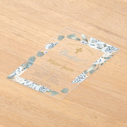 Invitación de bautismo floral azul en español acryl uitnodigingen (Laagn)