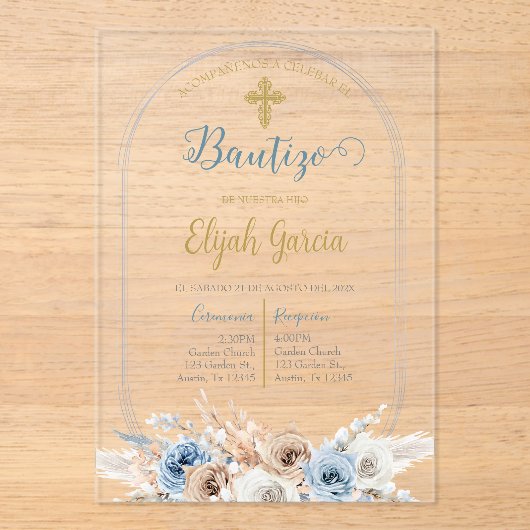 Invitación de bautismo floral azul en español invi acryl uitnodigingen (Voorkant)