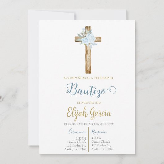 Invitación de bautismo floral azul en español invi kaart (Voorkant)