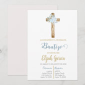 Invitación de bautismo floral azul en español invi kaart (Voorkant / Achterkant)