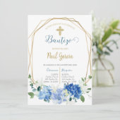 Invitación de bautismo floral azul en español invi kaart (Staand voorkant)