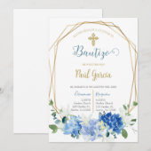 Invitación de bautismo floral azul en español invi kaart (Voorkant / Achterkant)