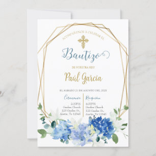 Invitación de bautismo floral azul en español invi kaart