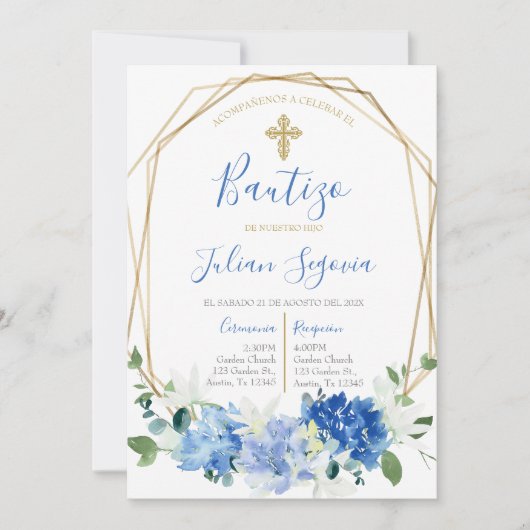 Invitación de bautismo floral azul en español kaart (Voorkant)